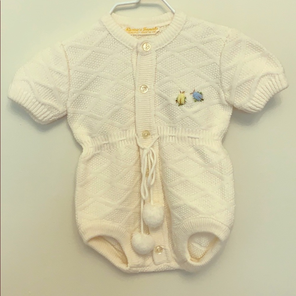 Vintage Ivory Knit Romper with Pom Poms